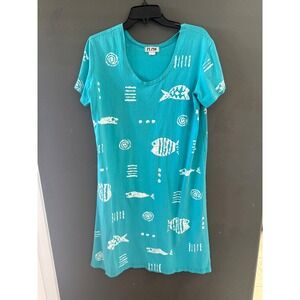 M. MAC Vintage Turquoise Blue Fish Print Cotton T-Shirt Dress Size L
